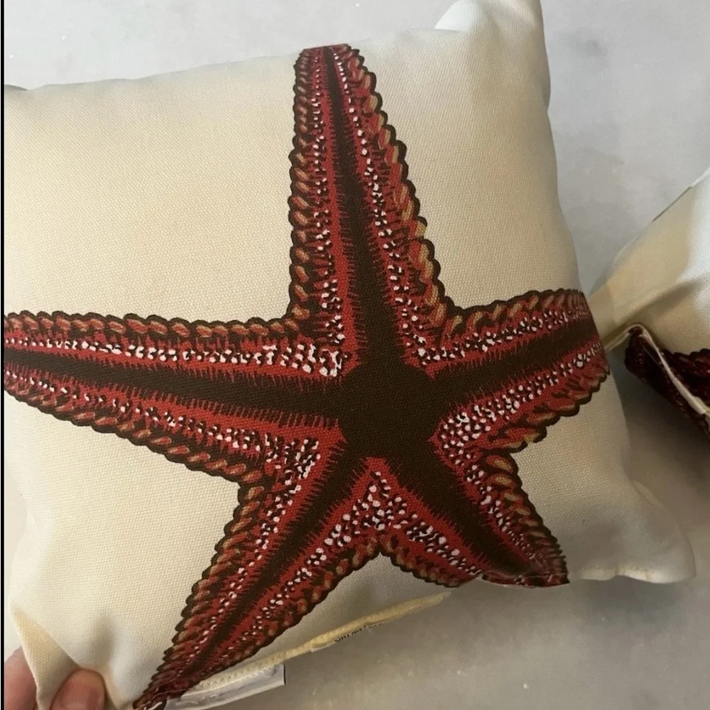 Pottery Barn Red Starfish Accent Throw Pillows Coastal Beach Decor Pair 10”